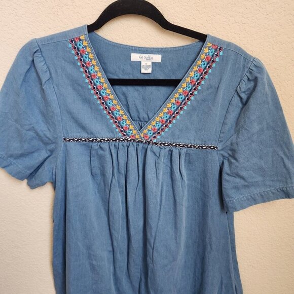 Go Softly Patio Dress Small Denim Chambray Muumuu Embroidery Jumper Prairie Midi - Picture 2 of 10